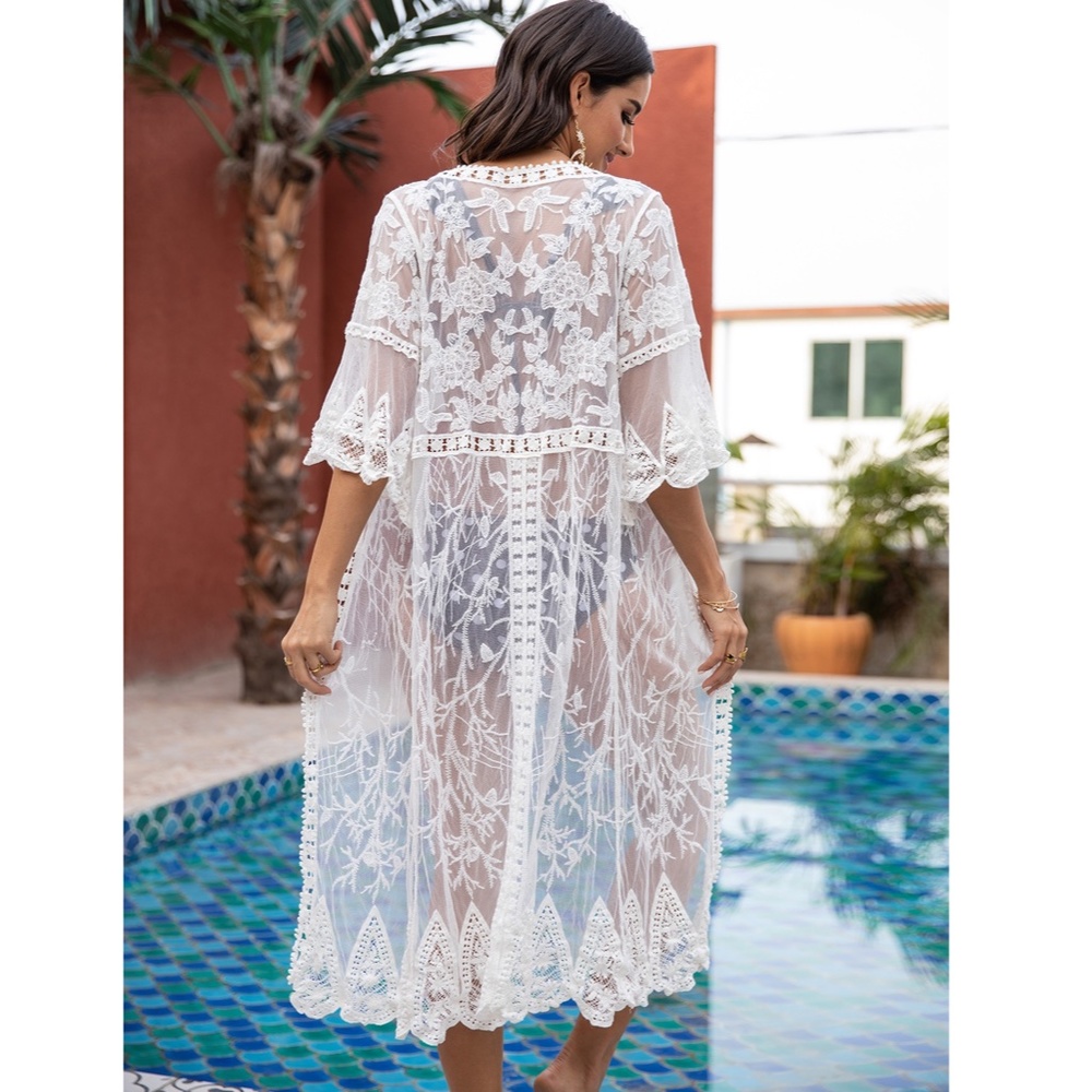 White Lace Boho Coverup Embroidered Kimono - Picture 5 of 8